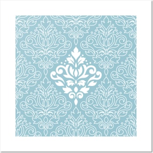 Scroll Damask Lg Pattern Mid White+Line on Blue Posters and Art